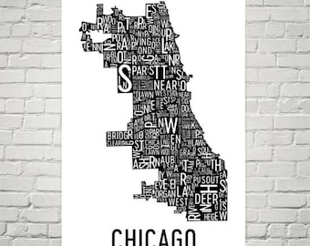 Chicago Typography Neighborhood Map Art City Print, Chicago Wall Art, Chicago Art Poster, Gift, Map of Chicago, Chicago Artwork, Illinois