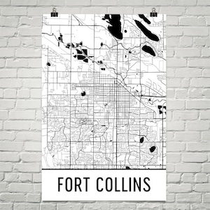 May include: Black and white street map of Fort Collins, Colorado. The map shows the city's streets, parks, and other features.