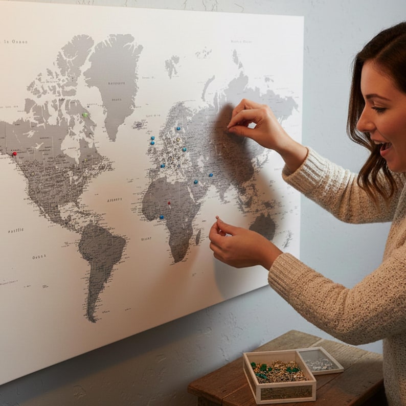 May include: A gray and white world map with pins marking locations. The map is mounted on a wall. A person is placing pins on the map. A small wooden box with pins is in the foreground. The map is a travel-themed decorative item.