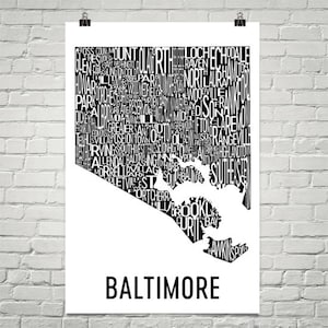 Ville de Baltimore typographie quartier carte Art Print, Baltimore Wall Art, Baltimore affiche d’Art, cadeau, carte de Baltimore, Maryland oeuvre