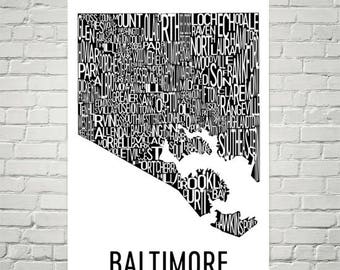 Baltimore Typography Neighborhood Map Art City Print, Baltimore Wall Art, Baltimore Art Poster, Gift, Map of Baltimore, Maryland Artwork