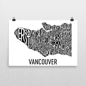 Ville de Vancouver typographie quartier carte Art Print, Vancouver Wall Art, Vancouver affiche d’Art, cadeaux de Vancouver, carte de Vancouver, œuvre d’art