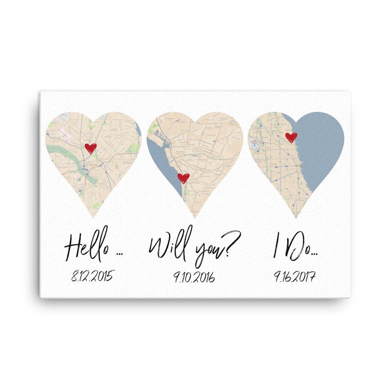 Three Heart Map, Relationship Dates, Important Dates, Wedding Art, Wedding Gift, For Bride, For Groom, For Couple, City Map 