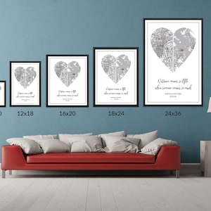 May include: A comparison of different sizes of framed heart-shaped maps with the text "Distance means so little when someone means so much" and the names "Sophia & Michael" printed below the map. The sizes shown are 8x10, 12x18, 16x20, 18x24, and 24x36 inches.