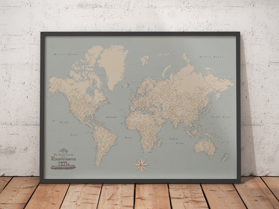 Vintage World Map Wall Art, Push Pin World Map, Map of the World, Old