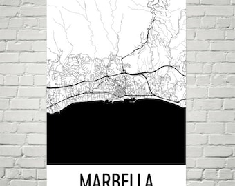 Kaart kunstdruk Marbella, Spanje: moderne stadsstraatposter