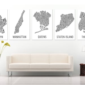 New York Borough kaart wijk kunststad Print, NYC typografie kunst aan de muur, Set van 5 NYC Prints, Gift, kaart van NYC, een kaart van New York City