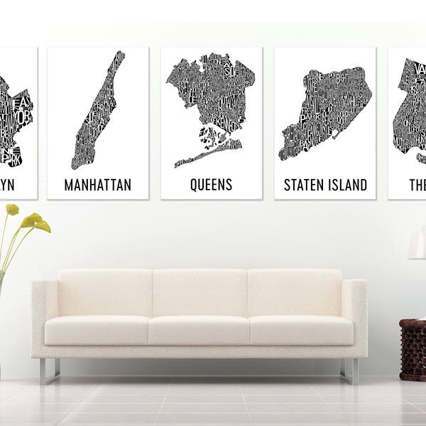 New York Borough Map Neighborhood Art City Print, NYC Typography Wall Art, Set of 5 NYC Prints, Gift, Map of NYC, Map of New York City