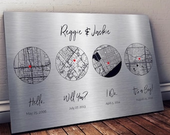 10th Anniversary Gift for Wife - Aluminum Tin Map Timeline - Personalized 10 Year Marriage Journey - Custom Metal Wall Art for Couple