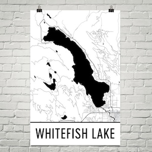 Pescado blanco lago Montana, pescado blanco lago MT, pescado blanco mapa lago, Montana, mapa de lago, arte de lago Whitefish, Montana impresión arte, Montana