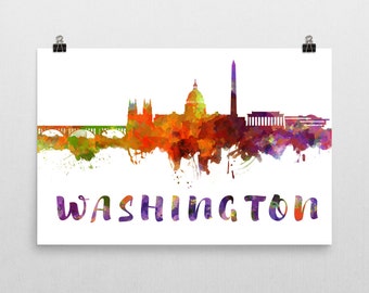 Washington DC Skyline, Washington DC Skyline Canvas, Washington DC Skyline Art, Washington Watercolor Skyline, Skyline of Washington