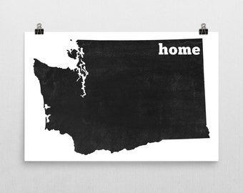 May include: Black and white print of the state of Washington with the word "home" in white text.