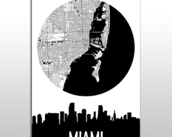 Impresión artística del mapa del horizonte de Miami, decoración moderna para el hogar