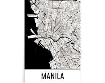 May include: A black and white map of Manila, Philippines. The map shows the city's streets, waterways, and landmarks. The word "MANILA" is printed in white at the bottom of the map.