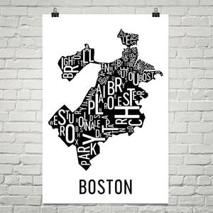Impression Boston typographie quartier carte ville d’Art, Art mural Boston, Boston affiche d’Art, cadeau, carte de Boston, oeuvre de Boston, Massachusetts