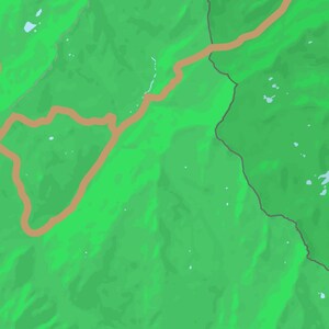 May include: A map of a mountainous region with a winding brown road. The map is green with light blue lakes.