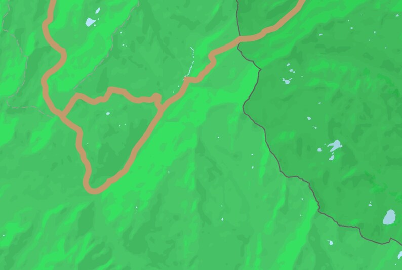 May include: A map of a mountainous region with a winding brown road. The map is green with light blue lakes.