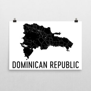 May include: Black and white map of the Dominican Republic with the country name printed below the map.