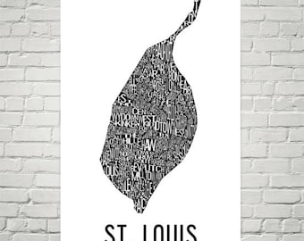 St. Louis Typography Neighborhood Map Art City Print, St. Louis Wall Art, St. Louis Art Poster, Gift, Map of St. Louis, Artwork, Print