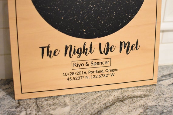 Your exact night sky, mapped to a meaningful date and place, burned onto real wood — 115 favorites back up the emotional punch.