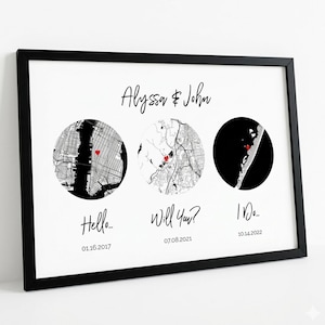 2nd Anniversary Gift for Wife - Cotton Anniversary Canvas Map - Personalized Wedding Poster - Custom 3 Location Map Art - Framed Wall Decor