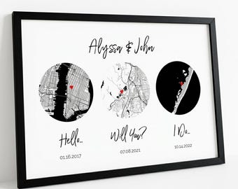 Regalo per il secondo anniversario di matrimonio per la moglie - Mappa su tela di cotone per l'anniversario - Poster di nozze personalizzato - Mappa artistica personalizzata con 3 località - Decorazione da parete incorniciata