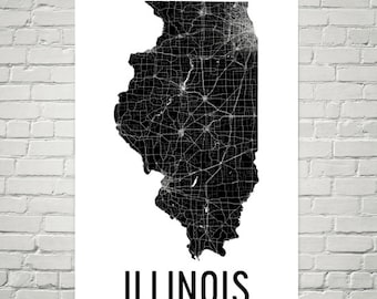 Illinois Map Art Print: Modern Black & White Illinois Wall Decor