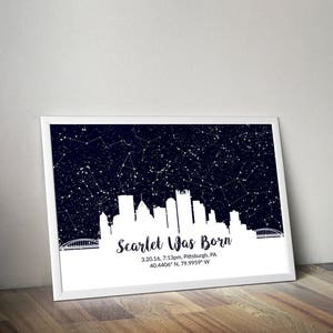 Cartel personalizado del horizonte de la ciudad, arte de la pared del horizonte, arte personalizado del horizonte de la ciudad, cielo de la noche de la ciudad, mapa de la estrella del horizonte, impresión de la línea del cielo, regalo