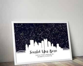 Custom City Skyline Poster, Skyline Wall Art, Personalized City Skyline Art, City Night Sky, Skyline Star Map, Sky Line Print, Gift