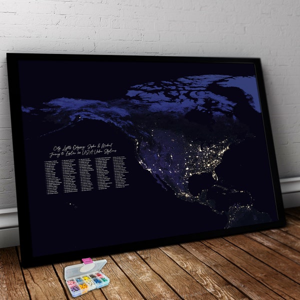 US by Night Satellite Push Pin Map with 1,000 Pins - Personalized Travel Map - Unique Gift for Traveler - US Map Wall Art