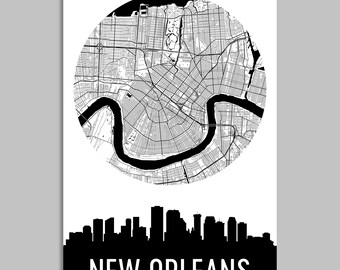 New Orleans Skyline and City Map Art Print, LA