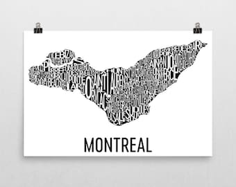 Montreal Typography Neighborhood Map Print, City Poster Art, Montreal Wall Art, Montreal Gifts, Map of Montreal, Montréal Québec, Canada