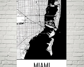 Impresión artística del mapa de la ciudad de Miami, póster moderno en blanco y negro