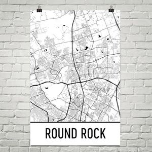 Carte de roche ronde, ronde Art rupestre, rond imprimé Rock, ronde affiche Rock TX, ronde Rock Wall Art, Austin cadeaux, carte de Texas, affiche, Decor