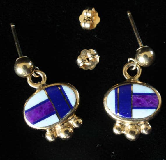 Navajo Inlaid Earrings 14k Gold Lapis Sugilite Op… - image 4