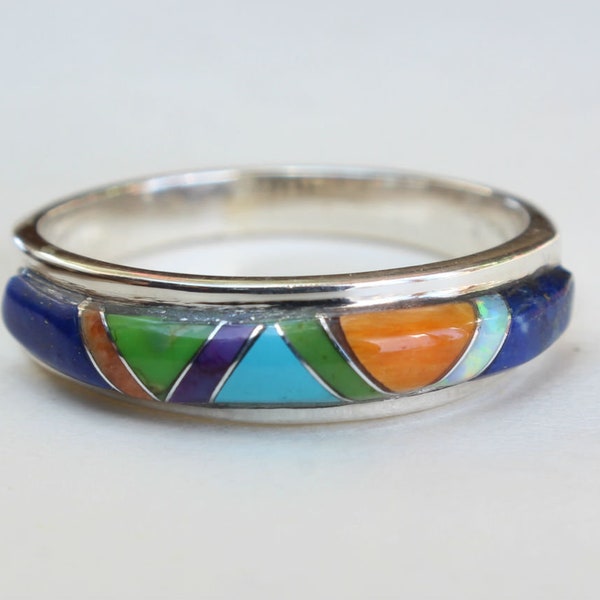 Sterling Silver Inlay Inlaid Native American Indian Navajo Turquoise Opal Lapis Spiny Oyster Sugalite Gaspeite Coral Size 4US