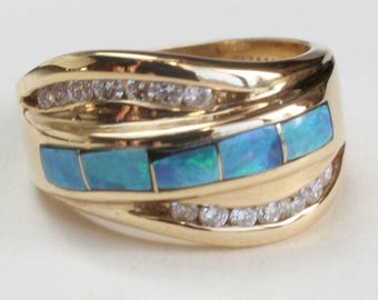 Australian Opal Diamond Inlay Inlaid Ring 14k Gold Size 6US