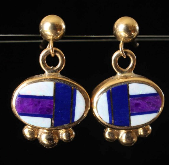 Navajo Inlaid Earrings 14k Gold Lapis Sugilite Op… - image 9