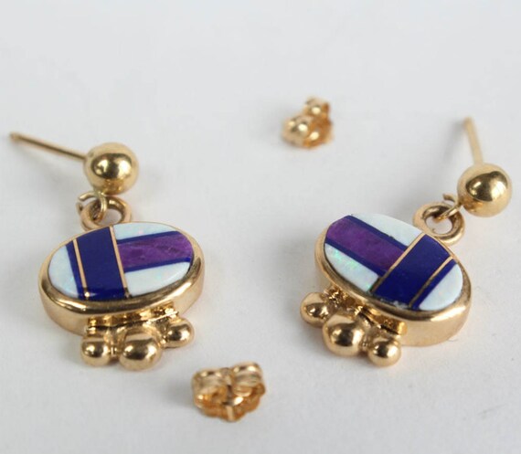 Navajo Inlaid Earrings 14k Gold Lapis Sugilite Op… - image 5