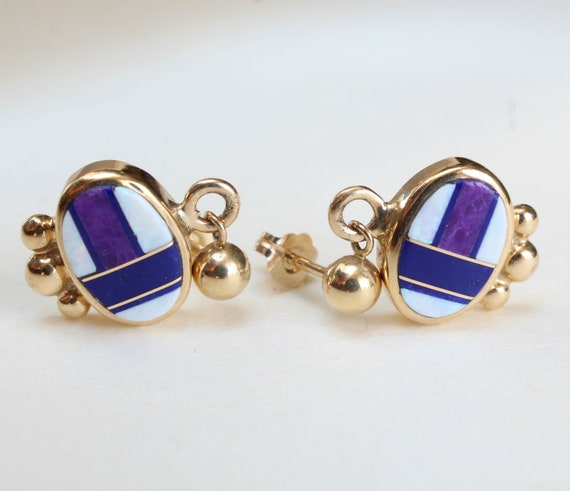 Navajo Inlaid Earrings 14k Gold Lapis Sugilite Op… - image 2