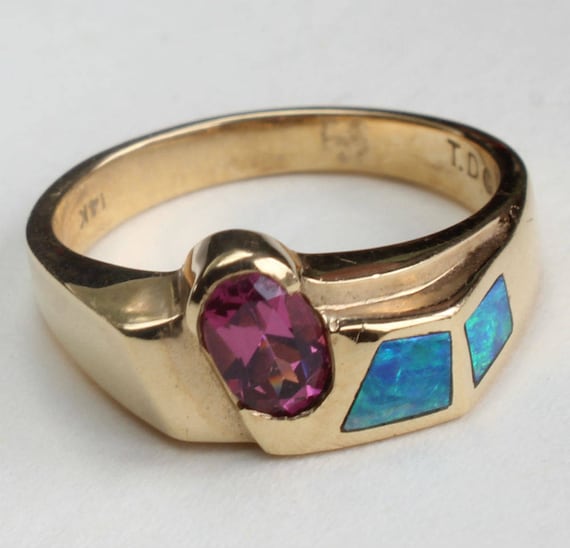 Opal Inlay Inlaid Ring Garnet Rhodolite Australia… - image 1