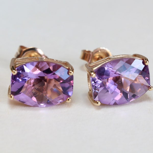 14k Gold Amethyst Earrings Cushion Pillow Cut Semi Precious Gemstone