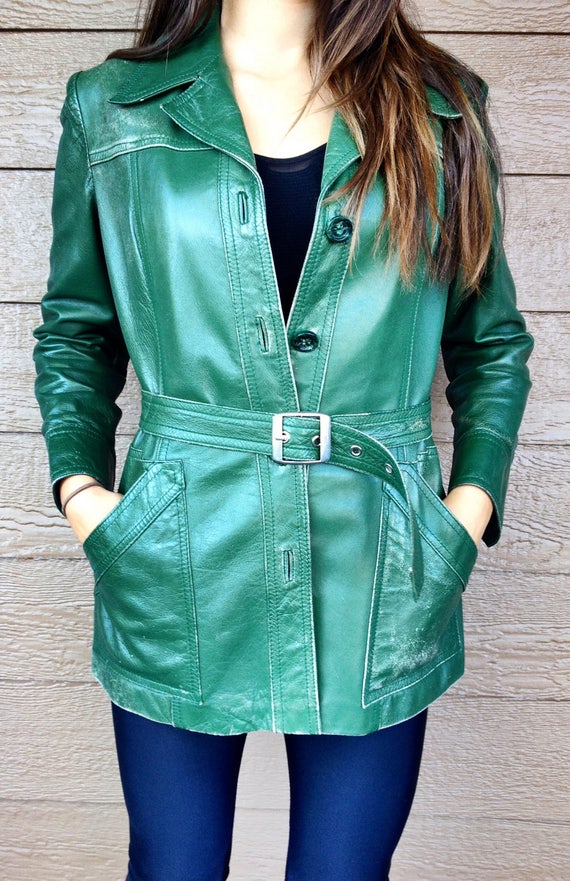 Vintage Green Leather Jacket. Waist Belt