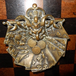 Vintage Solid Brass Devil Tray: Gambling Cards & Coins