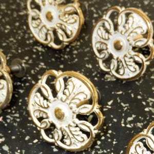 Retro Floral Drawer Knobs - Tudor Style Gold & White - Set of 6