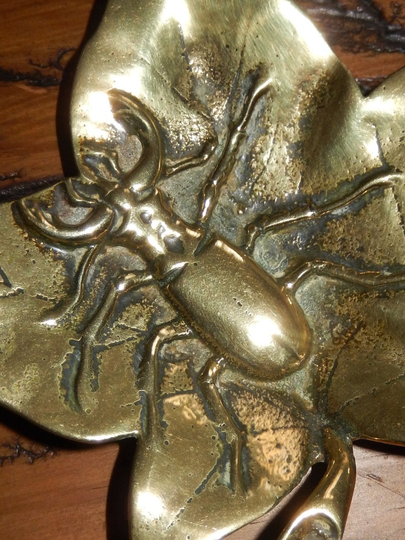 Unusual Trinket Tray, Vintage Brass Stag Beetle, Tree Leaf, Large Spider. Antlers Male Stag Ring Dish, Lucauidae Family, Wildlife, Ring Dish image 5