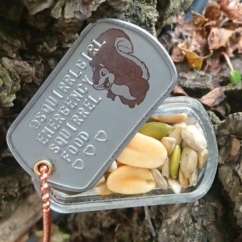 K&ouml;nnte beinhalten: Ein silberner Hundemarkenanh&auml;nger mit dem Text "Emergency Squirrel Girl Food" und einem Herzsymbol. Der Anh&auml;nger ist ge&ouml;ffnet und zeigt einen kleinen Beh&auml;lter mit N&uuml;ssen und Samen.