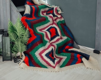 Manta de lana de colores, alfombra rústica de los Cárpatos, hecha a mano.