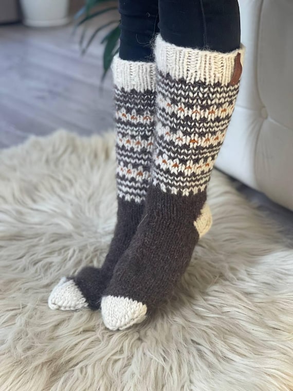 Brown Wool Knee High Slipper Socks with White Fair Isle Pattern and Orange Accents | Hand Knitted Cozy Winter House Boots | US Sizes 5 to 15