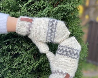 Hand Knitted Wool Mittens in Cream White | Warm Winter Knit Gloves with Nordic Pattern | Cozy Fuzzy Handmade Gift for Her Unisex Sizes S–XL